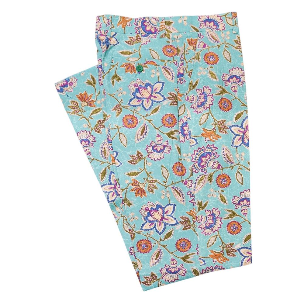 Mens 32 Teal Blue Multicolor Floral Pants Cotton Straight Fit Dress Trousers NWT